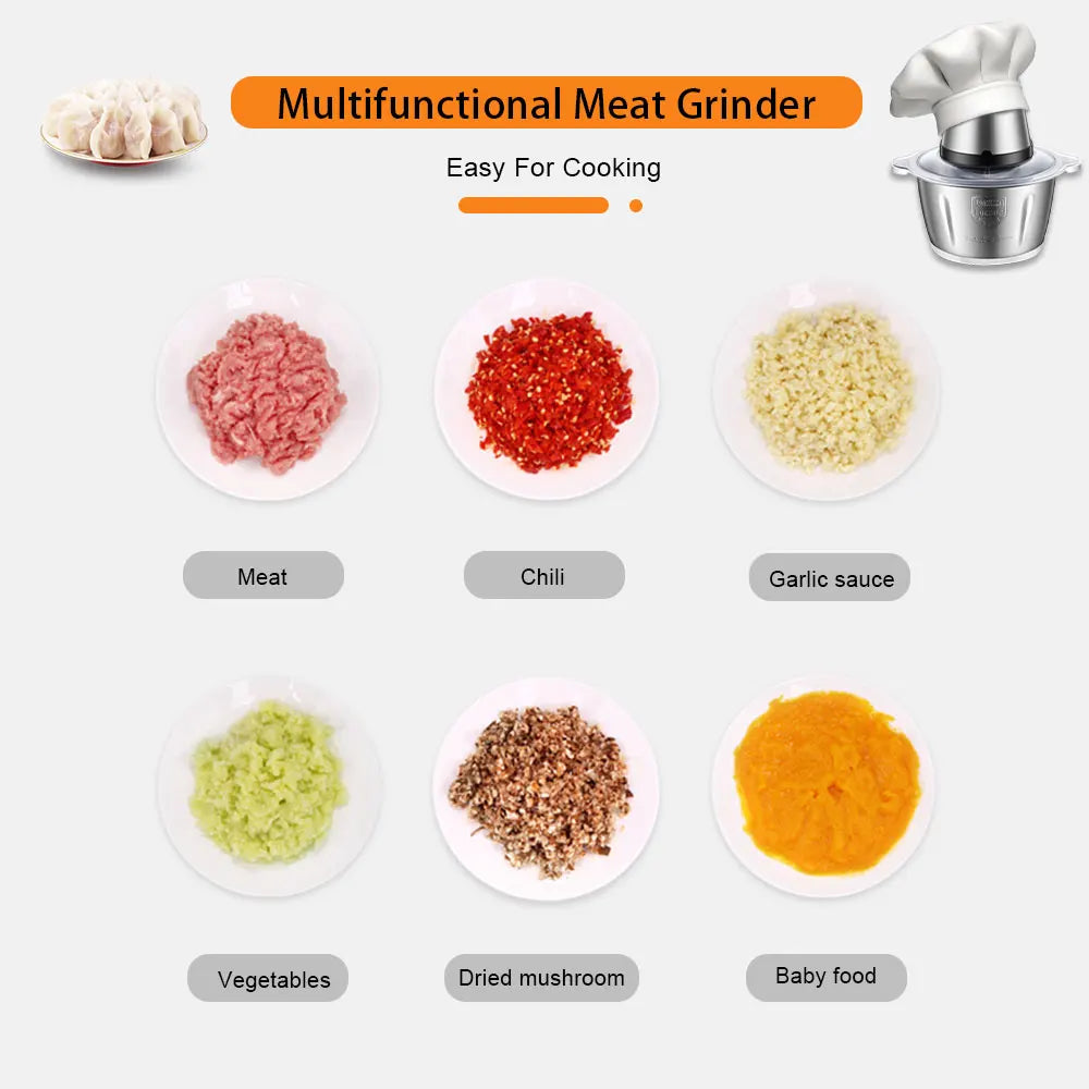 BioloMix 2 Speeds 500W Stainless Steel 2L Capacity Electric Chopper Meat Grinder Mincer Food Processor Slicer