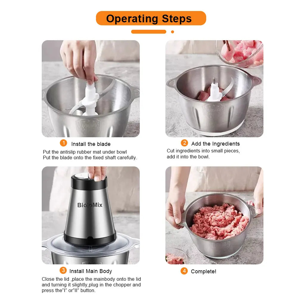 BioloMix 2 Speeds 500W Stainless Steel 2L Capacity Electric Chopper Meat Grinder Mincer Food Processor Slicer