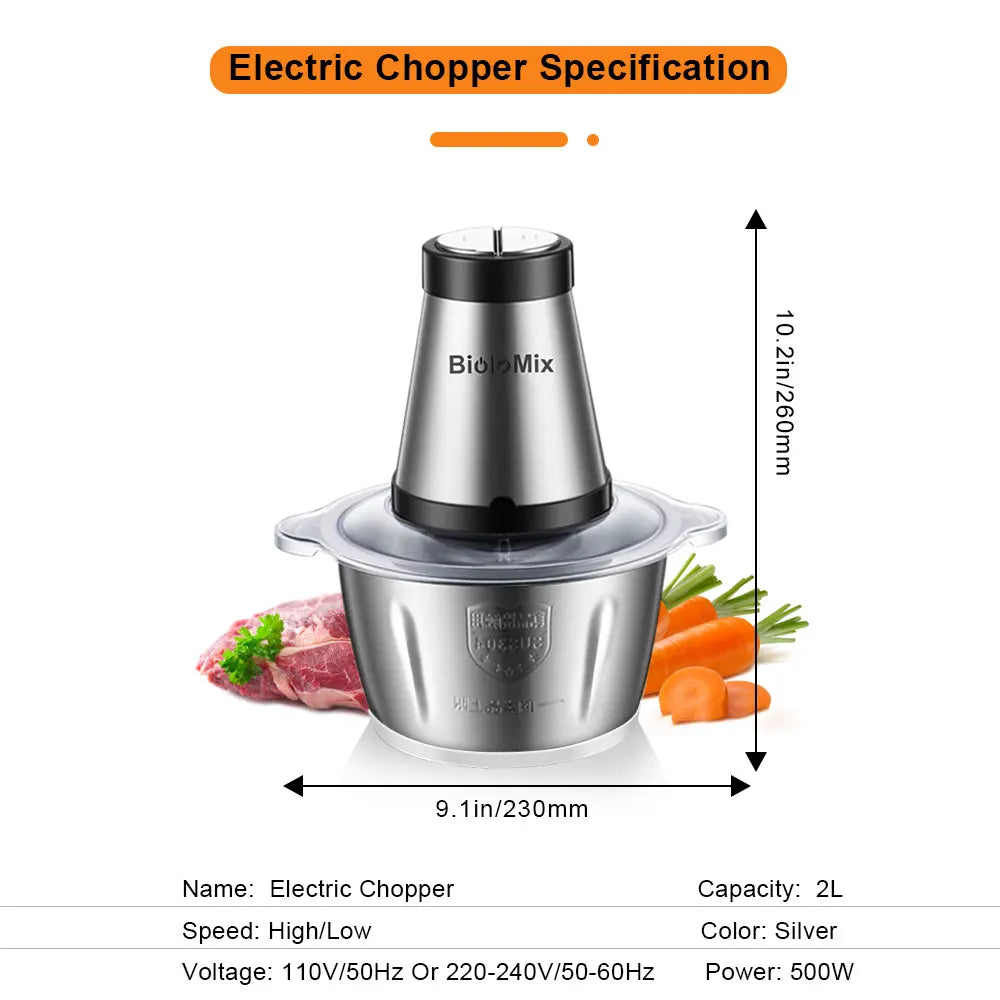 BioloMix 2 Speeds 500W Stainless Steel 2L Capacity Electric Chopper Meat Grinder Mincer Food Processor Slicer