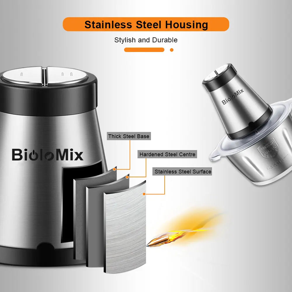 BioloMix 2 Speeds 500W Stainless Steel 2L Capacity Electric Chopper Meat Grinder Mincer Food Processor Slicer