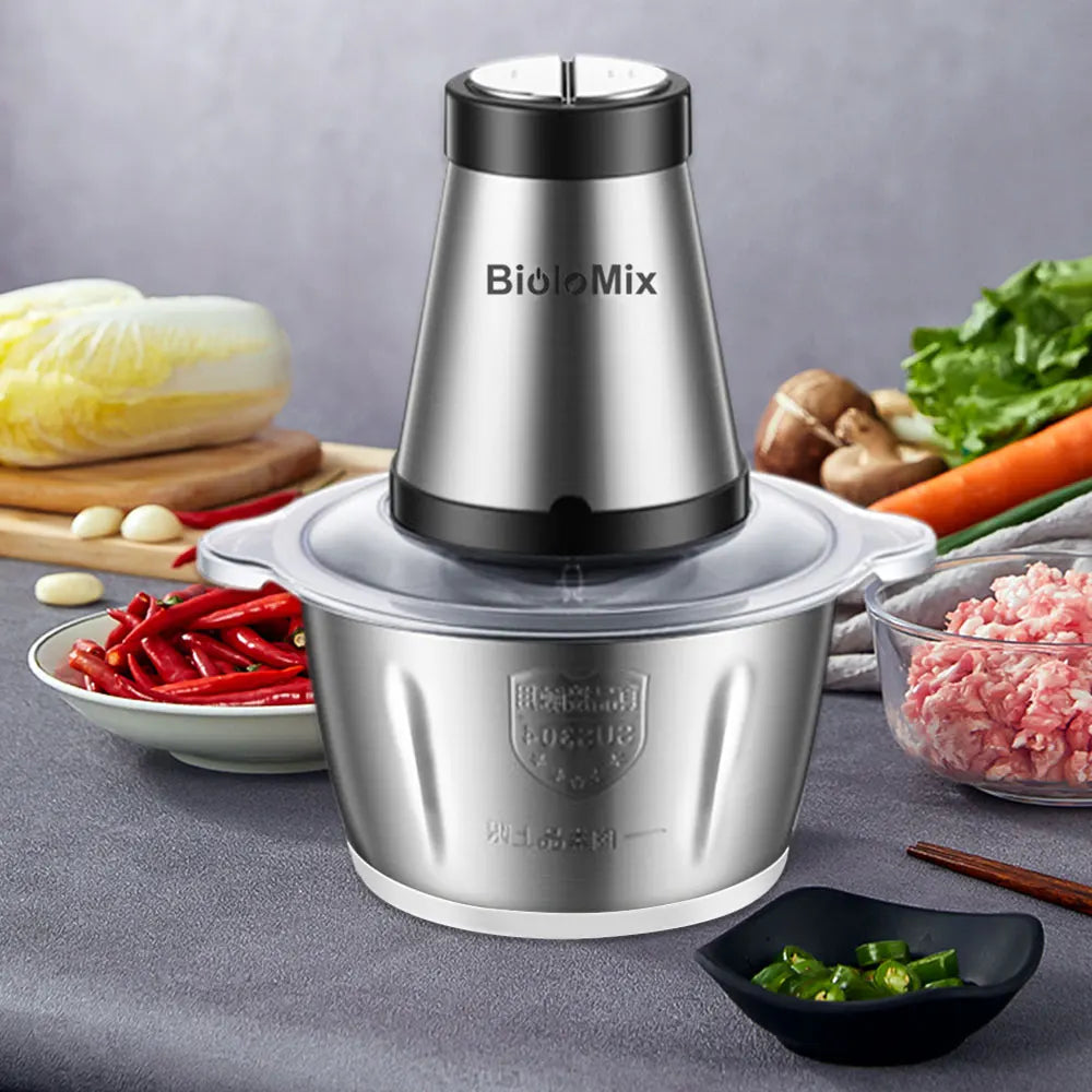 BioloMix 2 Speeds 500W Stainless Steel 2L Capacity Electric Chopper Meat Grinder Mincer Food Processor Slicer