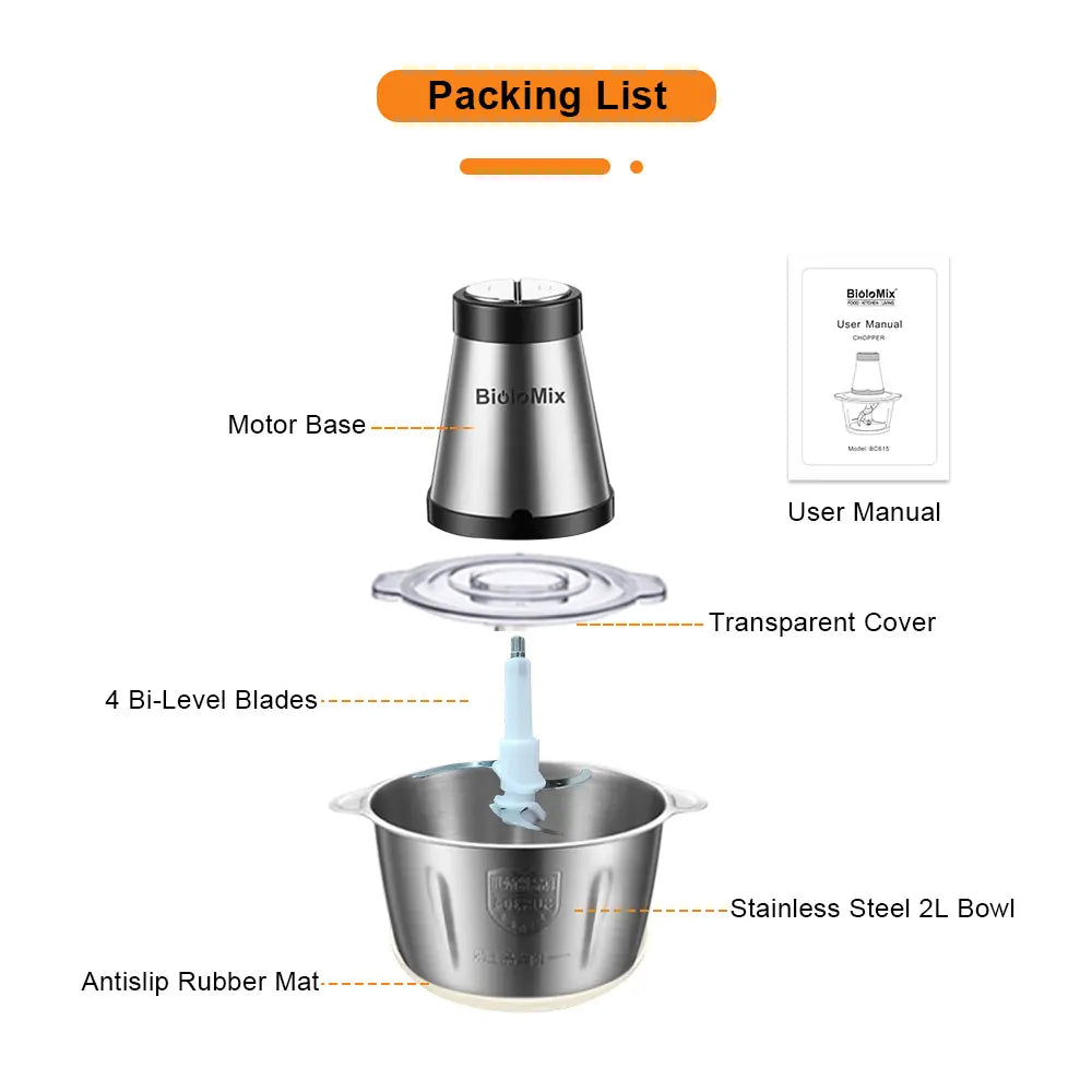 BioloMix 2 Speeds 500W Stainless Steel 2L Capacity Electric Chopper Meat Grinder Mincer Food Processor Slicer